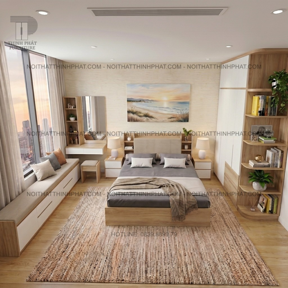 Combo Phòng Ngủ MDF Hiện Đại Tone Gỗ Sồi Phối Trắng Có Tủ Áo 2 Tầng Kèm Kệ Bo Góc Và Bàn Phấn Treo Tường - PN09